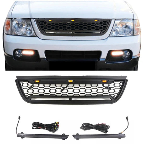 Raptor Style Front Grille for 2002 2003 2004 2005 Ford Explorer/Sport Trac Models Black Grill with Letters and LEDs