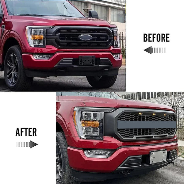 Front Grille Compatible with 2021 2022 Ford F150 Grill Raptor Style Black Grill with Letters and 3 Led Lights