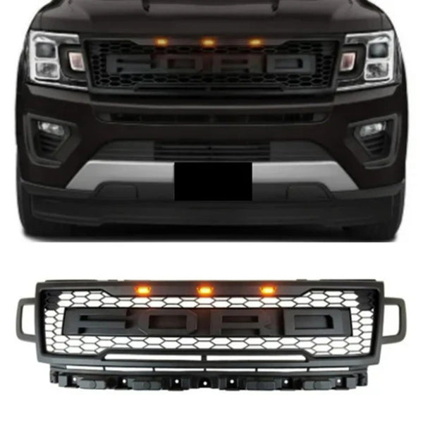 Front Grille Compatible with 2018 2019 2020 2021 Ford Expedition Grill with Letters and LEDs Matte Black