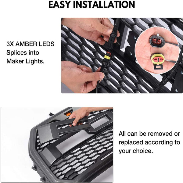 Front Grille Compatible with 2015 2016 2017 Ford F150 Grill Raptor Style Black Grill with Letters and 3 Led Lights