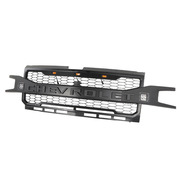 Front Grille for 2019 2020 2021 2022 Chevrolet Silverado 1500 Black Upper Grill With 3+2 Lights and Letters