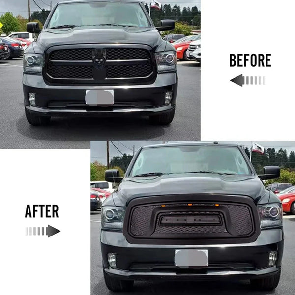 Black Front Grille for 2013 2014 2015 2016 2017 2018 Dodge RAM 1500 Rebel Style Grill with Letters and LED Lights