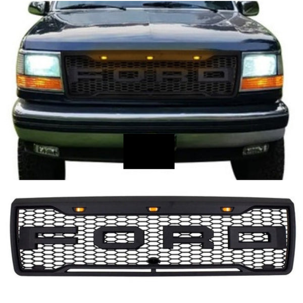 Black Raptor Style Grille For 1992 1993 1994 1995 1996 Ford F150 Bronco Grill with Letters and Lights