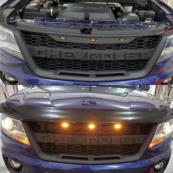 Front Grille Compatible with 2016 2017 2018 2019 2020 Chevrolet Chevy Colorado Grill with Letters and LED Lights Matte Black
