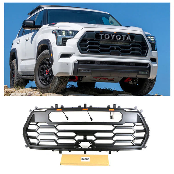Front Bumper Grille for 2022 2023 2024 2025 3rd Gen Toyota Sequoia TRD PRO Style Grill with Badge and LEDs
