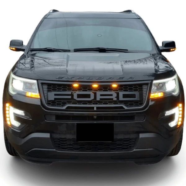 Raptor Style Front Grille for 2016 2017 2018 Ford Explorer Models Black Grill with Letters and LEDs