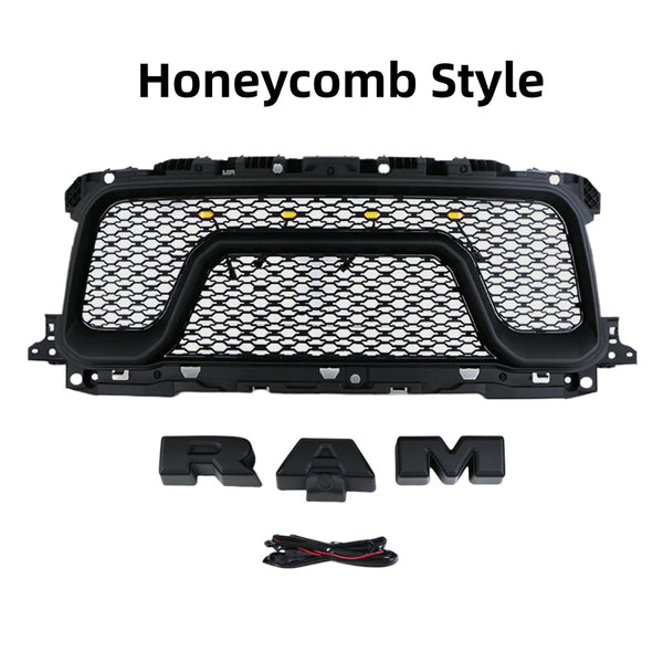 Front Grille for 2019 2020 2021 2022 2023 2024 Dodge RAM 2500/3500 Honeycomb Style Grill W/ Letters and LED Lights
