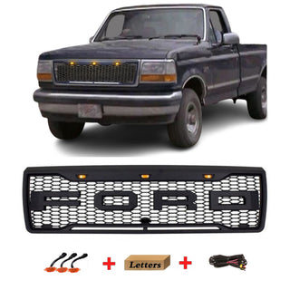 Black Raptor Style Grille For 1992 1993 1994 1995 1996 Ford F150 Bronco Grill with Letters and Lights