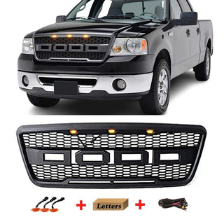 Front Grille for 2004 2005 2006 2007 2008 Ford F150 Grill Raptor Style Black Grill with Letters and 3 Led Lights