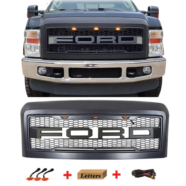 Front Grille Fit for 2008 2009 2010 Ford F250 F350 F450 Grill Super Duty Raptor Style Grill with Letters and LEDs