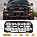 Front Grille Compatible with 2015 2016 2017 Ford F150 Grill Raptor Style Black Grill with Letters and 3 Led Lights