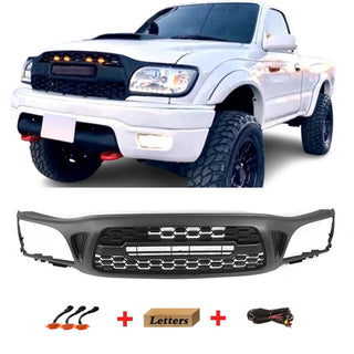 Front Grille Compatible with 2001 2002 2003 2004 1st Gen Toyota Tacoma Black Grill With Emblem & LED Lights