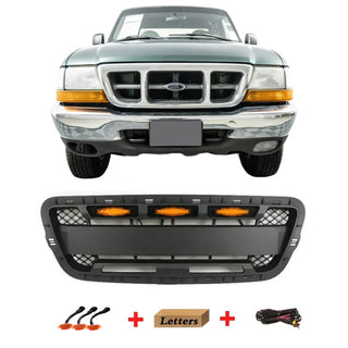 Front Grille Compatible with 2001 2002 2003 Ford Ranger Raptor Style Grill with Letters and LED Lights