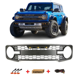 Front Grille Compatible with 2021-2022 Ford Bronco Grill With Letters & LED Lights