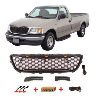 Black Front Grille for 1999 2000 2001 2002 2003 Ford F150 Raptor Style Grill with Letters and LED Lights