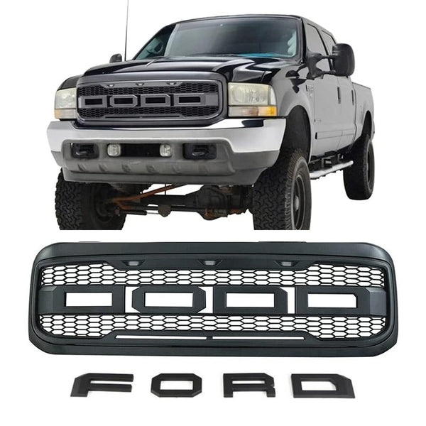 Front Grille Fit for 1999 2000 2001 2002 2003 2004 Ford F250 F350 F450 Grill Super Duty Raptor Style Grill with Letters and LEDs