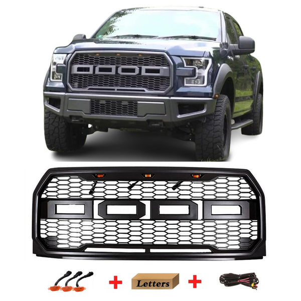 Front Grille Compatible with 2015 2016 2017 Ford F150 Grill Raptor Style Black Grill with Letters and 3 Led Lights