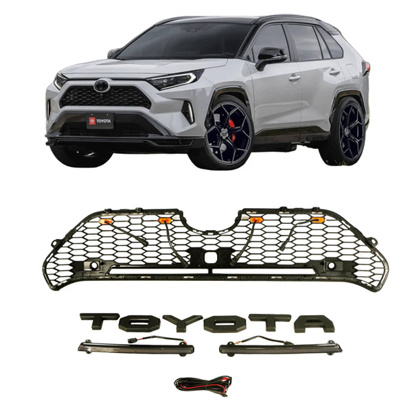 Honeycomb Style Black Grille for 2019 2020 2021 2022 2023 2024 Toyota RAV4 Grill with Letters & LED Lights