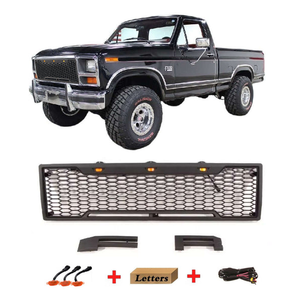 Raptor Style Front Grille For 1980 1981 1982 1983 1984 1985 1986 Ford F150 Bronco Black Grill with Letters and LED Lights