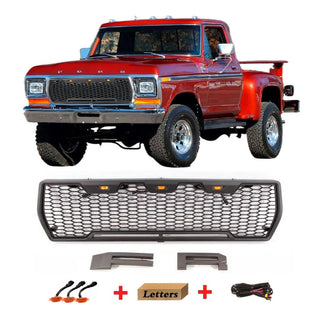 Front Grille Compatible with 1978 1979 Ford F150 Bronco Raptor Style Grill with Letters and LED Lights Black