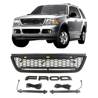 Raptor Style Front Grille for 2002 2003 2004 2005 Ford Explorer/Sport Trac Models Black Grill with Letters and LEDs