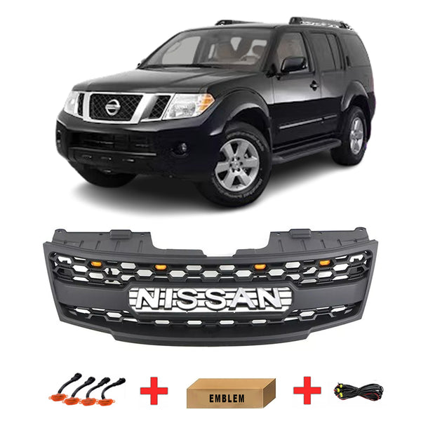 Black Front Grille Fits for 2008 2009 2010 2011 2012 Nissan Pathfinder Raptor Style Grill with Emblem and LED Lights