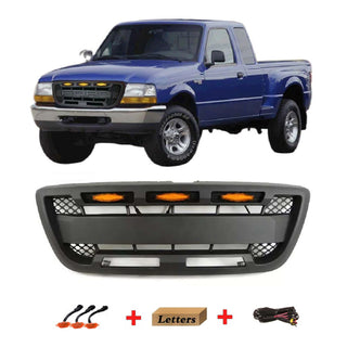 Front Grille Compatible with 1998 1999 2000 Ford Ranger Raptor Style Grill with Letters and Lights