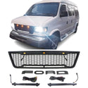 Front Grille Compatible with 2003 2004 2005 2006 2007 Ford Econoline E150 E250 E350 Grill with Letters and LEDs Matte Black