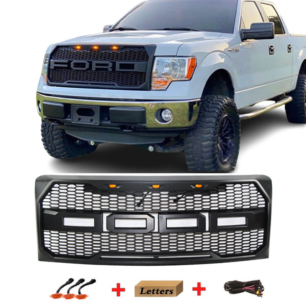 Aftermarket Front Grille for 2009 2010 2011 2012 2013 2014 Ford F150 Raptor Style Grill with Letters and LEDs