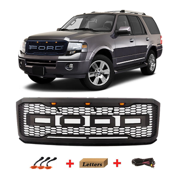 Grille for 2007 2008 2009 2010 2011 2012 2013 2014 Ford Expedition Grill with Letters and LEDs Matte Black