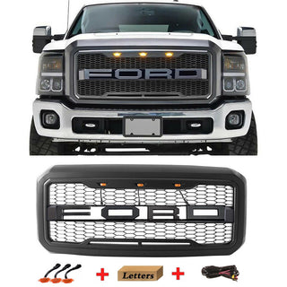 Front Grille Fit for 2011 2012 2013 2014 2015 2016 Ford F250 F350 F450 Grill Super Duty Raptor Style Grill with Letters and LEDs