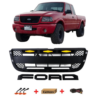 Black Front Grille Fit for 2001 2002 2003 Ford Ranger Raptor Style Grill with Letters and LED Lights