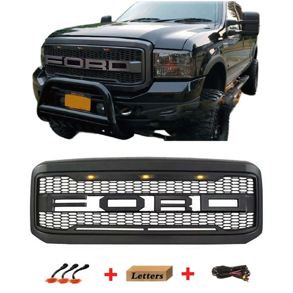 Front Grille Fit for 2005 2006 2007 Ford F250 F350 F450 Grill Super Duty Raptor Style Grill with Letters and LEDs