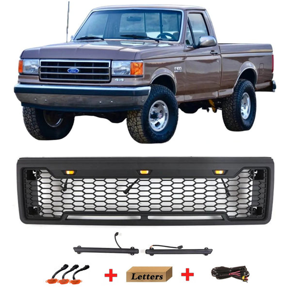 Front Grille for 1987 1988 1989 1990 1991 Ford F150 Bronco Grill Raptor Style Black Grill with Letters and LEDs