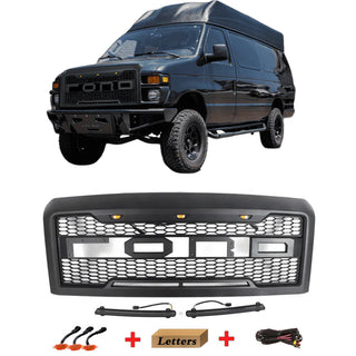 Front Grille for 2008 2009 2010 2011 2012 2013 Ford Econoline E150 E250 E350 Grill with Letters and LEDs Matte Black