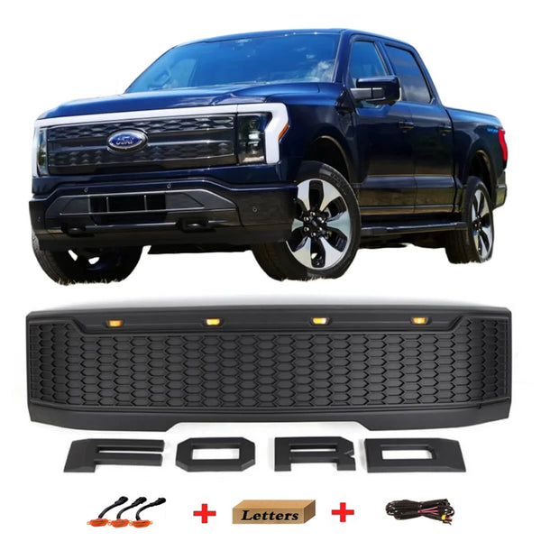 Front Grille Fit for Ford F150 F-150 Lightning 2023 2024 2025 Black Upper Grill with LED Lights and Letters