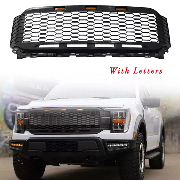Raptor Style Front Grille Fit for 2021 2022 2023 Ford F150 Aftermarket Grill with Letters and 3 Led Lights