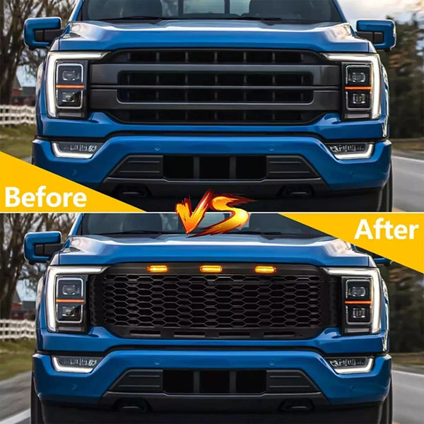 Raptor Style Front Grille Fit for 2021 2022 2023 Ford F150 Aftermarket Grill with Letters and 3 Led Lights