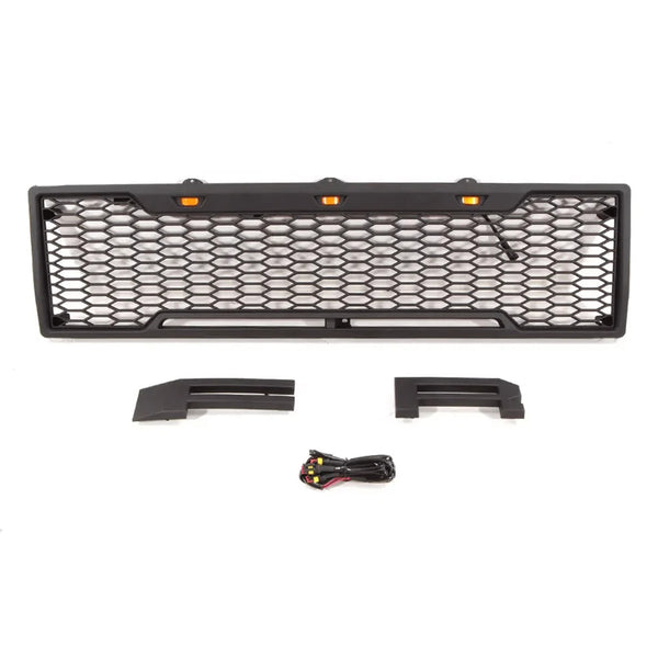 Raptor Style Front Grille For 1980 1981 1982 1983 1984 1985 1986 Ford F150 Bronco Black Grill with Letters and LED Lights