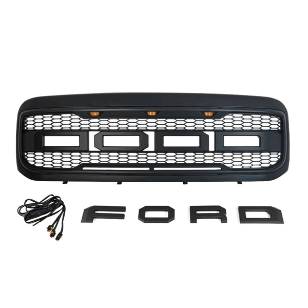 Front Grille Fit for 2005 2006 2007 Ford F250 F350 F450 Grill Super Duty Raptor Style Grill with Letters and LEDs