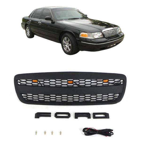 Front Grille Compatible with 1998-2011 Ford Crown Victoria Grill Matte Black with LED Lights and Letters