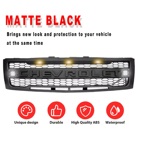 Front Grille Compatible with 2007 2008 2009 2010 2011 2012 2013 Chevy Silverado 1500 Grill With 3+2 Lights