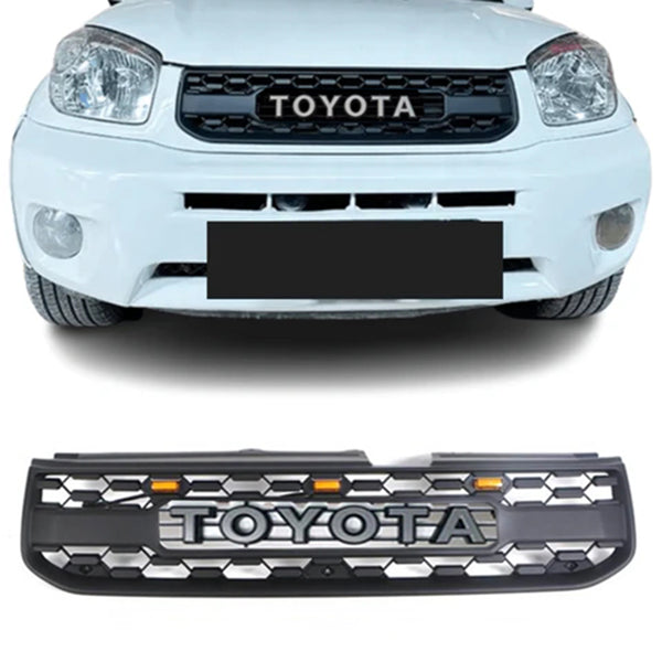 Black Front Grille Compatible with 2004 2005 Toyota RAV4 2nd Gen TRD PRO Grill with Badge & LED Lights