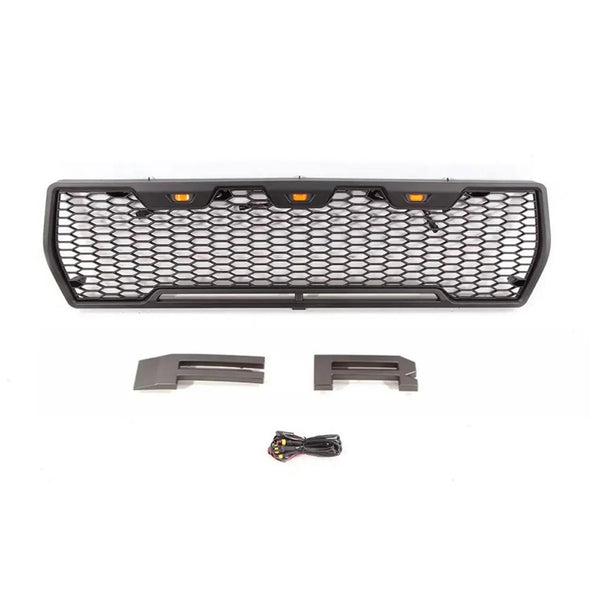 Front Grille Compatible with 1978 1979 Ford F150 Bronco Raptor Style Grill with Letters and LED Lights Black