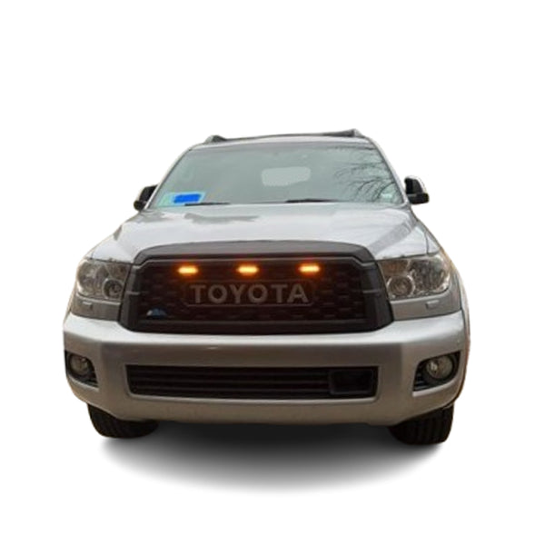 Front Bumper Grille Compatible with 2010-2022 2nd Gen Toyota Sequoia TRD PRO Style Grill with Badge and LED Lights Matte Black