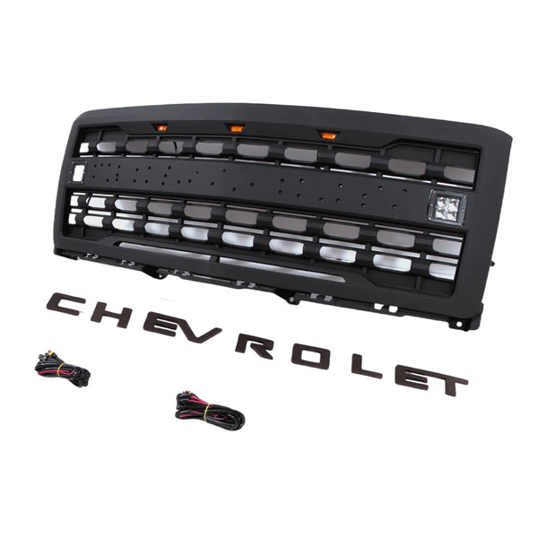 Front Bumper Grille for 2014 2015 Chevrolet Chevy Silverado 1500 Grill Matte Black with LED Lights and Letters