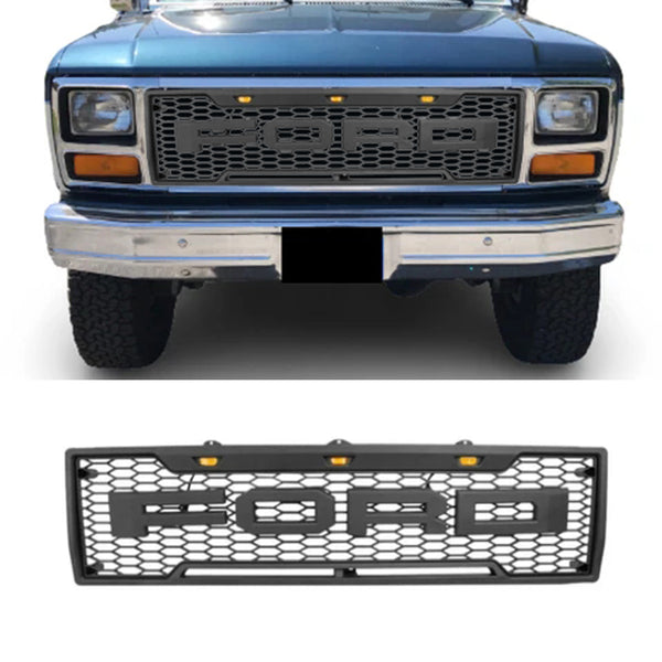 Raptor Style Front Grille For 1980 1981 1982 1983 1984 1985 1986 Ford F150 Bronco Black Grill with Letters and LED Lights