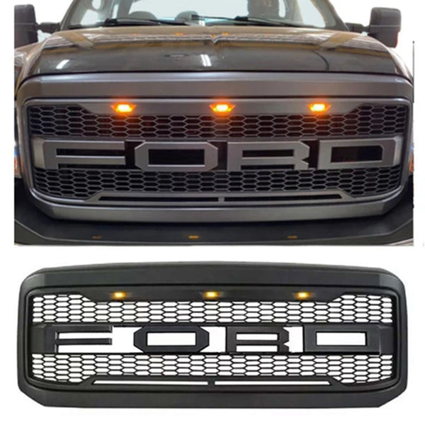 Front Grille Fit for 2005 2006 2007 Ford F250 F350 F450 Grill Super Duty Raptor Style Grill with Letters and LEDs