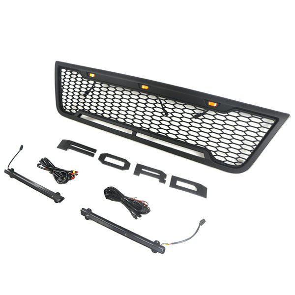 Front Grille Compatible with 2003 2004 2005 2006 2007 Ford Econoline E150 E250 E350 Grill with Letters and LEDs Matte Black