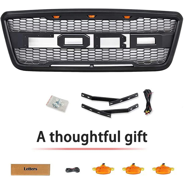 Front Grille for 2004 2005 2006 2007 2008 Ford F150 Grill Raptor Style Black Grill with Letters and 3 Led Lights